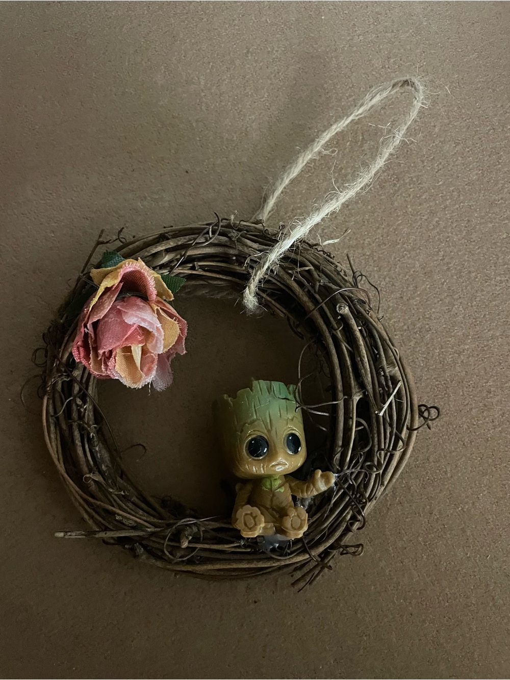 Groot Mini Wreath Ornament with Pink Fabric Rose